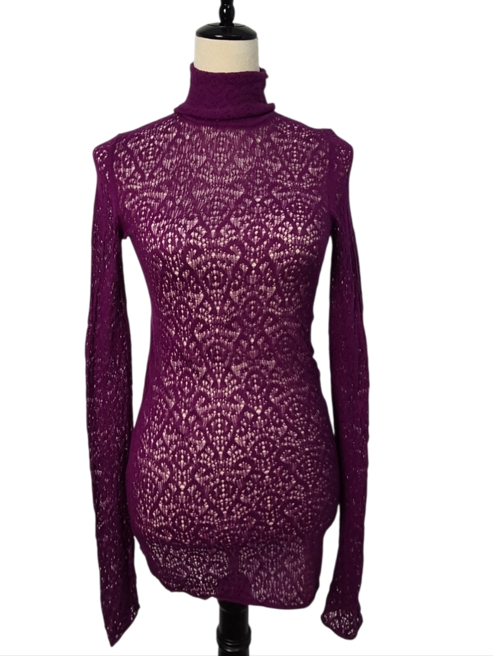 Moda International Y2K Whimsigoth Sheer Lace Turtleneck Purple Sz M Dark Romance